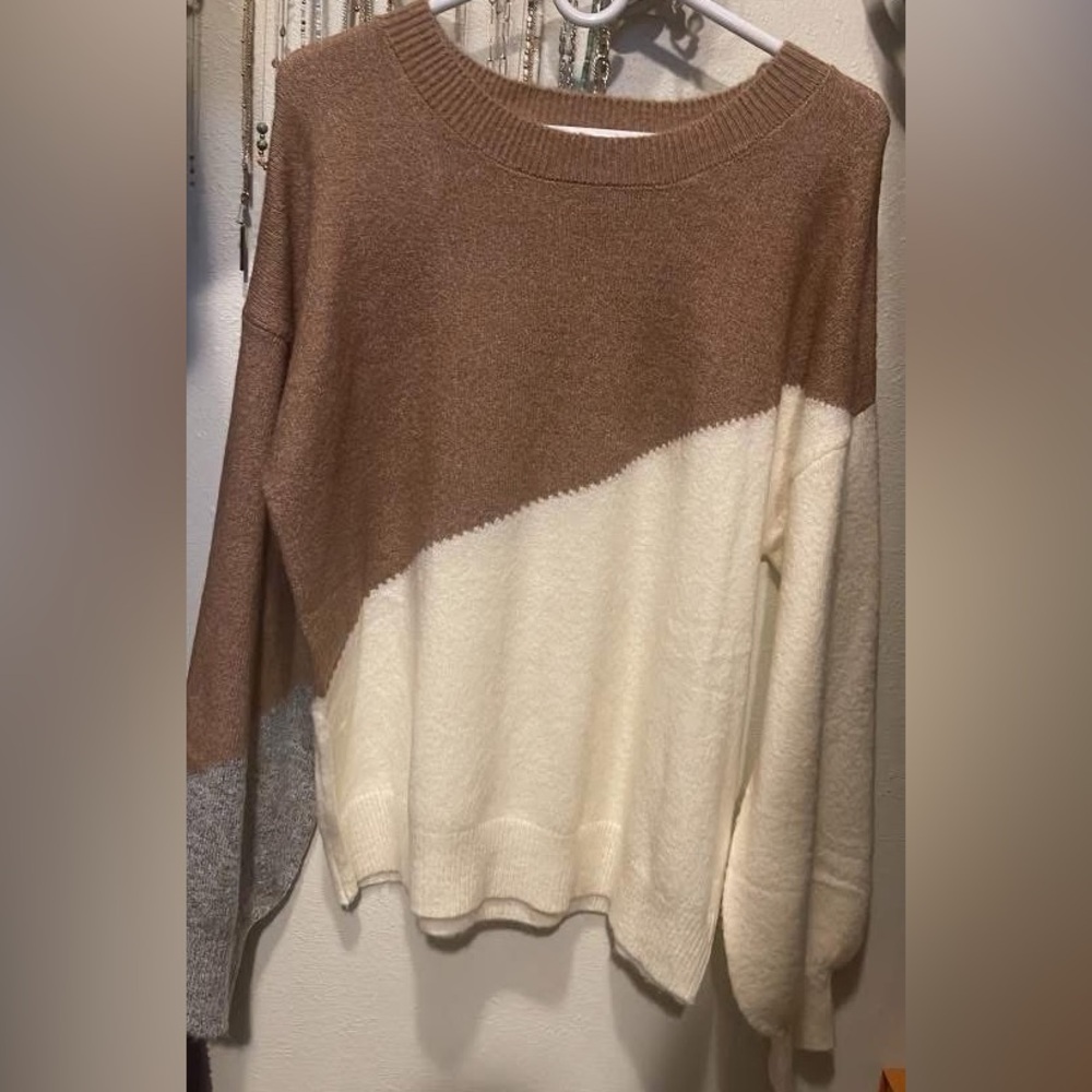 Color Block Sweater - Brown, Cream, and Gray